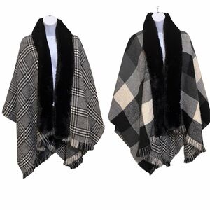 Revisable Faux Fur Cape Houndstooth & Black White Check Fringe Hem Classic Chic